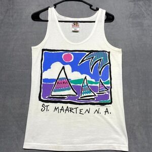 Vintage Bye Bye Tank Top Men's Small White Graphic Print St. Maarten Na Pullover